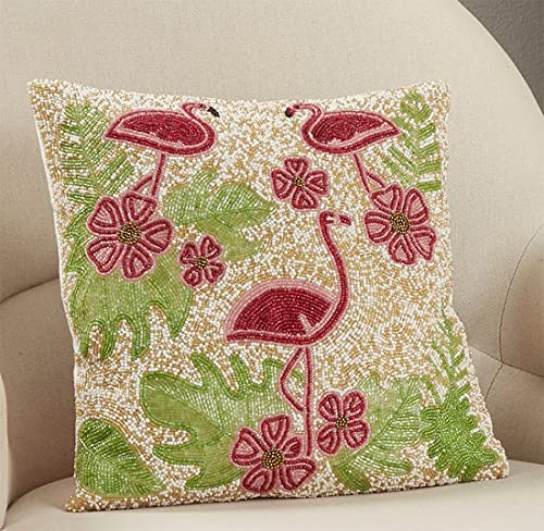 Fennco Styles Beaded Flamingo Cotton Decorative Throw Pillow 16" W x 16" L – Multicolor Throw Pillow for Home, Couch, Living Room, Bedroom and Office Décor