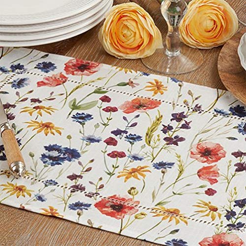 Fennco Styles Garden Floral Hemstitch Table Runner 16" W x 72" L - Multicolored Rectangular Table Cover for Dining Table, Banquet, Family Gathering and Special Occasion