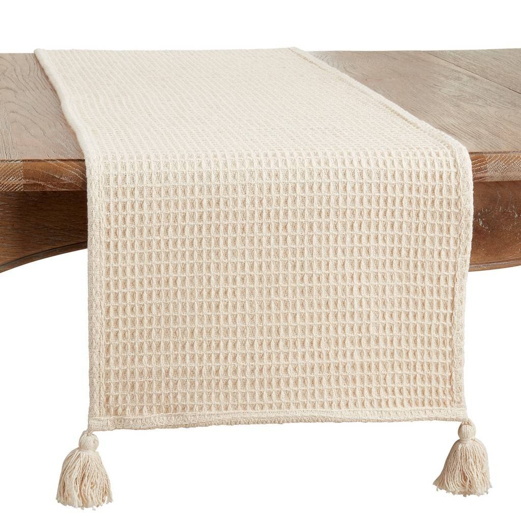 Fennco Styles Waffle Weave Tassel Cotton Table Runner 16”W x 72" L - Natural Woven Table Cover for Home Décor, Dining Table, Banquets, Holidays and Special Occasions