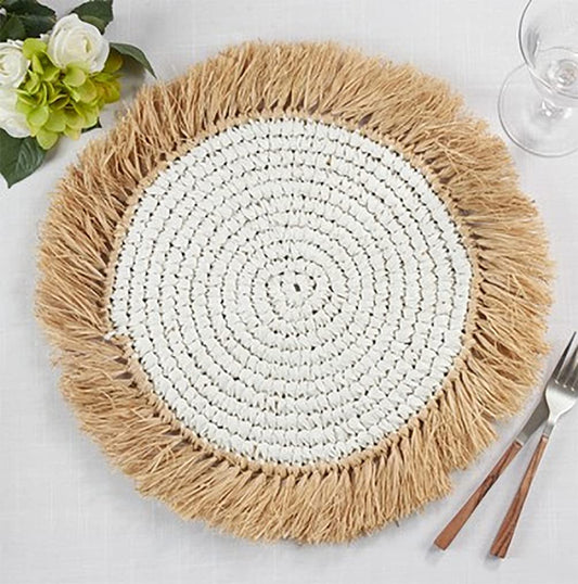 Fennco Styles Raffia Fringe Woven Placemats 15 Inch Round, Set of 4 - White Boho Table Mats for Home, Dining Room, Banquets, Family Gathering and Special Occasion