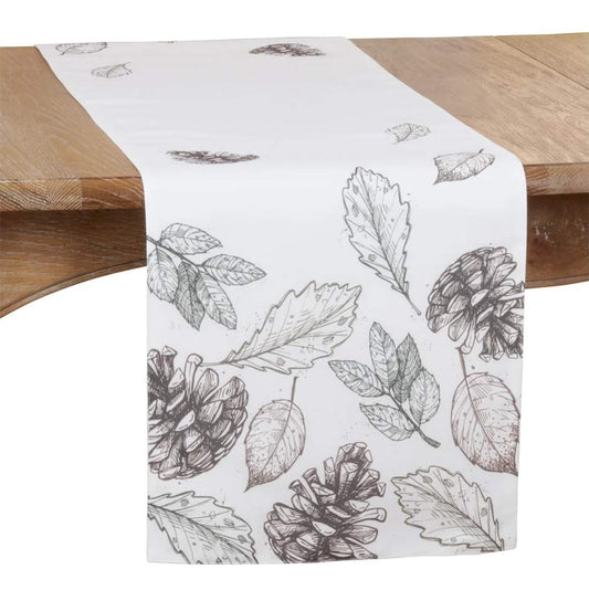 Fennco Styles Delicate Fall Leaf Pinecone Decorative Table Runner 16" W x 70" L - White Autumn Table Cover for Dining Table, Banquets, Special Events and Home Décor