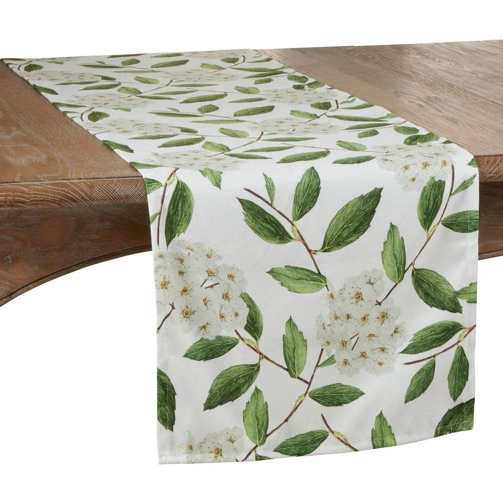 Fennco Styles Floral Design Table Linen Collection – White Green Table Cover for Home Décor, Dining Table, Banquets, Holidays and Special Occasions