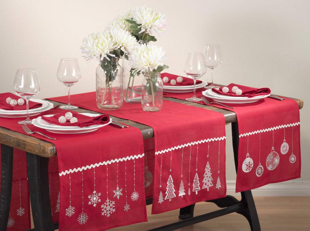 Fennco Styles Embroidered Christmas Balls Red Table Runner - 16"x72"