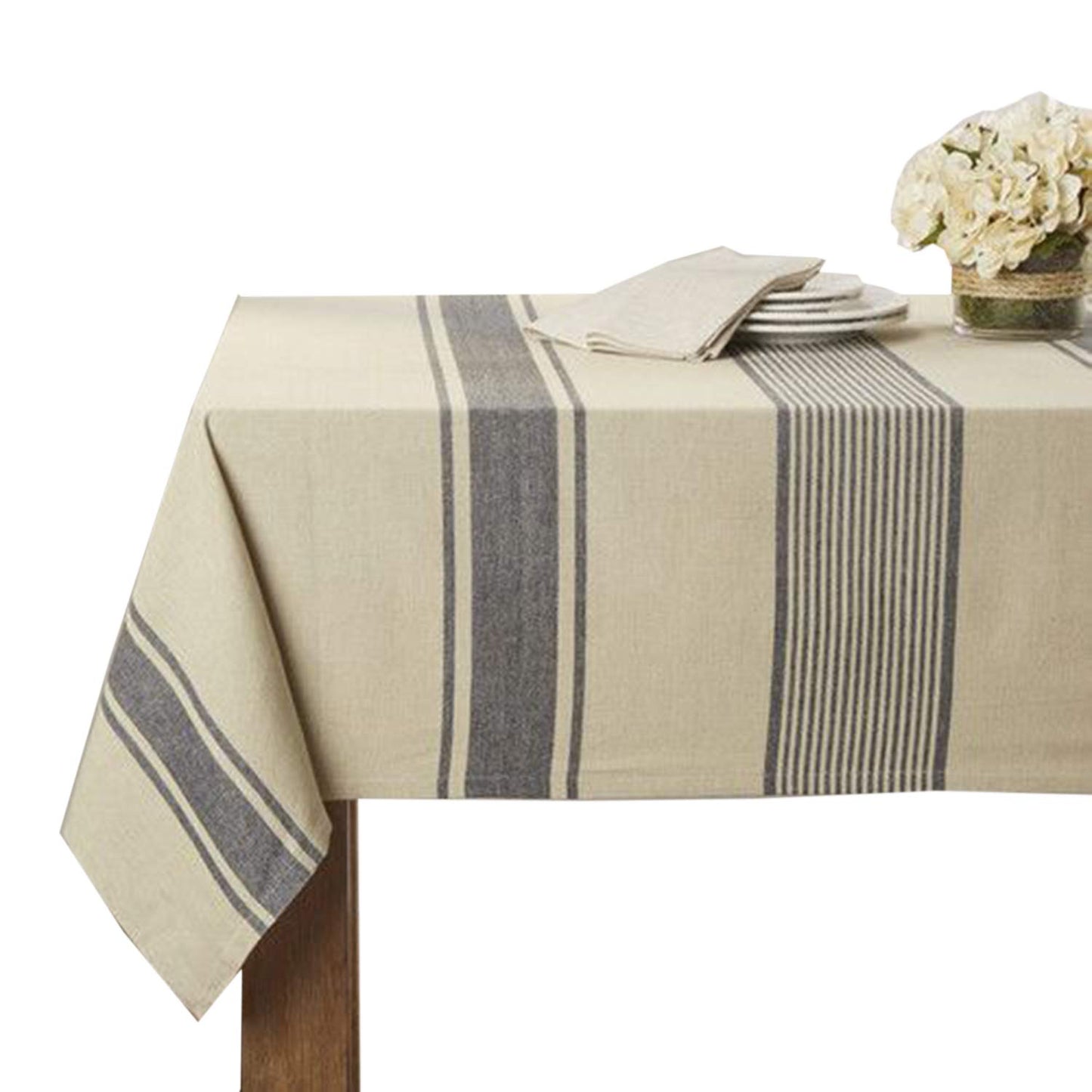 Fennco Styles Aulaire Banded Design 100% Cotton Tablecloth - Natural Striped Table Cover for Home, Dining Room Decor, Banquets, Family Gathering and Special Occasion