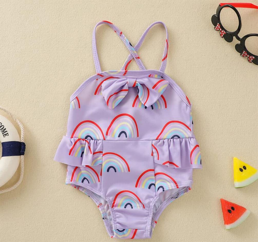 stylesilove Baby Toddler Girls Rainbow Print One-Piece Swimsuit Ruffle Crisscross Back Bathing Suit Beach Swimwear