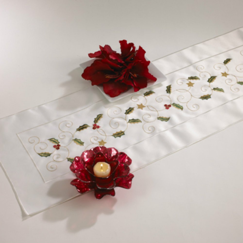 Embroidered Holly Design Table Runner, 14"x72" Rectangular