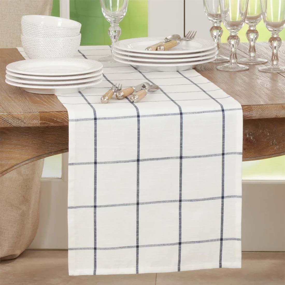 Fennco Styles Classic Large Plaid Cotton Table Runner 16" W x 72" L - Black Table Cover for Christmas, Holiday, Dining Table, Banquets and Special Occasion