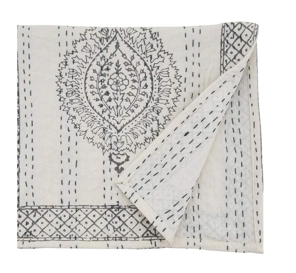 Fennco Styles Unique Taj Kantha Stitch Cotton Table Runner 14 x 72 Inch – Grey Ivory Table Cover for Home Décor, Dining Table, Banquets, Holidays and Special Events