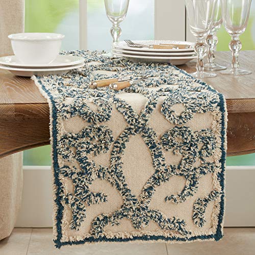 Fennco Styles Modern Tufted Cotton Table Runner 16" W x 72" L - Blue Rectangular Table Cover for Boho Décor, Dining Table, Banquets, Family Gathering and Special Events