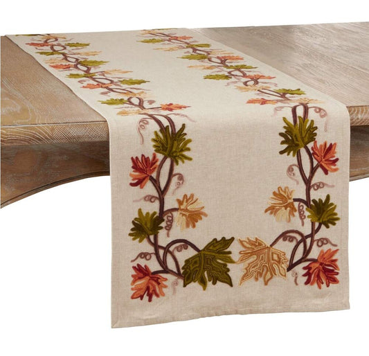 Fennco Styles Fall Leaf Embroidery 100% Cotton Table Runner 16 x 72 Inch – Natural Table Cover for Home Décor, Dining Table, Banquets, Holidays and Special Events