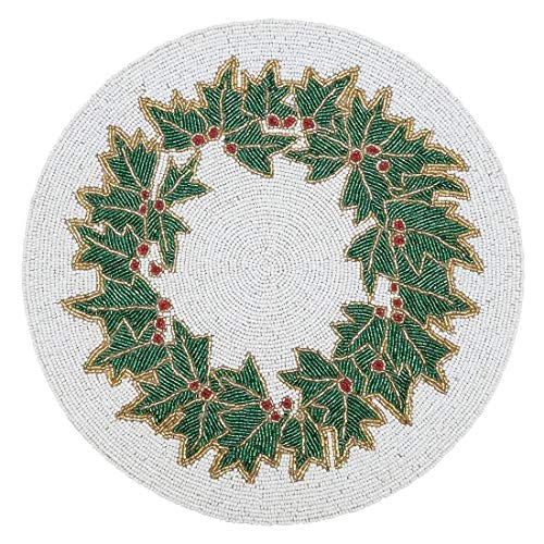 Fennco Style Hand Beaded Holly Holiday Placemat 15" Round, 1-Piece - Green & White Table Mat for Banquets, Christmas, Special Events and Home Décor