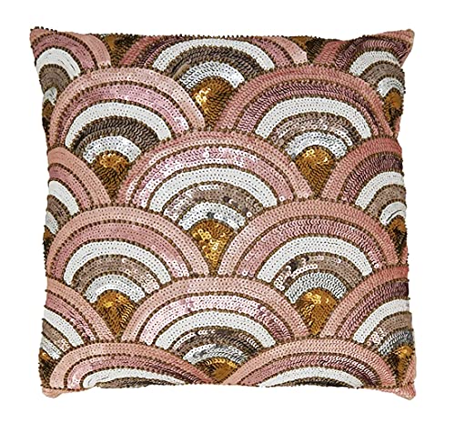 Fennco Styles Hand Beaded Sequin Scalloped Cotton Throw Pillow 16" W x 16" L - Pink Mermaid Scale Cushion for Home, Couch, Living Room Décor and Special Occasion