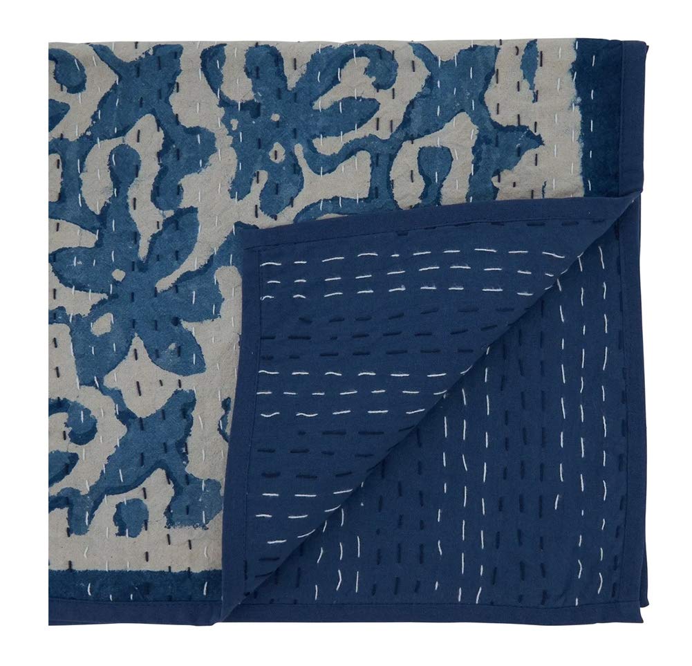 Fennco Styles Unique Floral Kantha Stitch Cotton Table Runner 14 x 72 Inch – Indigo Blue Table Cover for Home Décor, Dining Table, Banquets, Holidays and Special Events