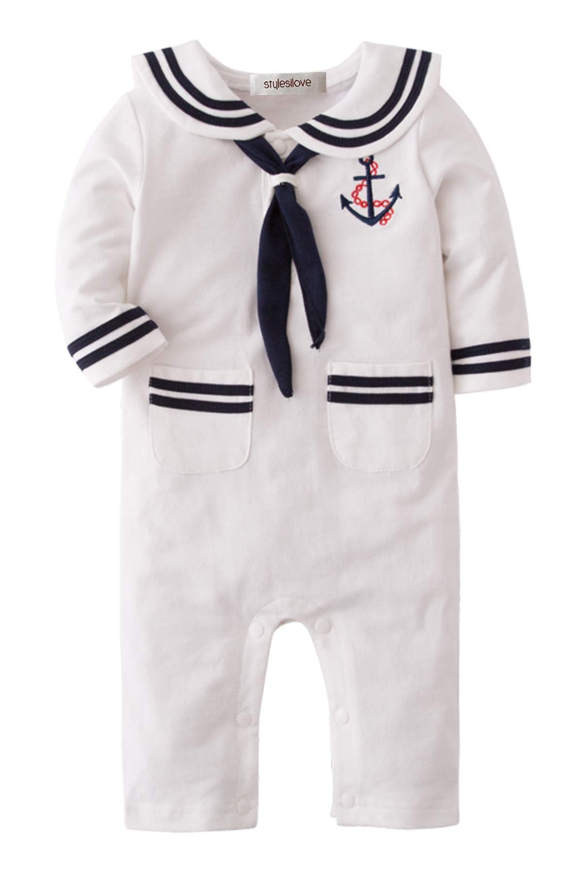 stylesilove.com Baby Boy Marine Sailor Cotton Romper Onesie with Hat and Necktie 3pcs Holiday Outfit