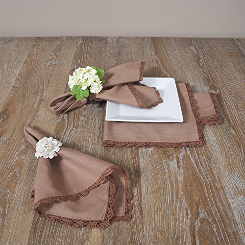 Fennco Styles Le Crochet Lace Design Cotton Linen 20 x 20 Inch Cloth Napkins, Set of 4 - Mocha Color Dinner Napkins for Dining Table, Banquets, Family Parties or Special Events