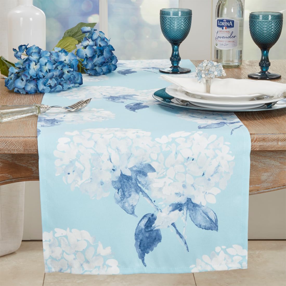 Fennco Styles Aqua Hydrangea Printed Table Runner 16" W x 54" L - Floral Design Table Cover for Home Décor, Dining Table, Banquet, Everyday Use, Family Gatherings