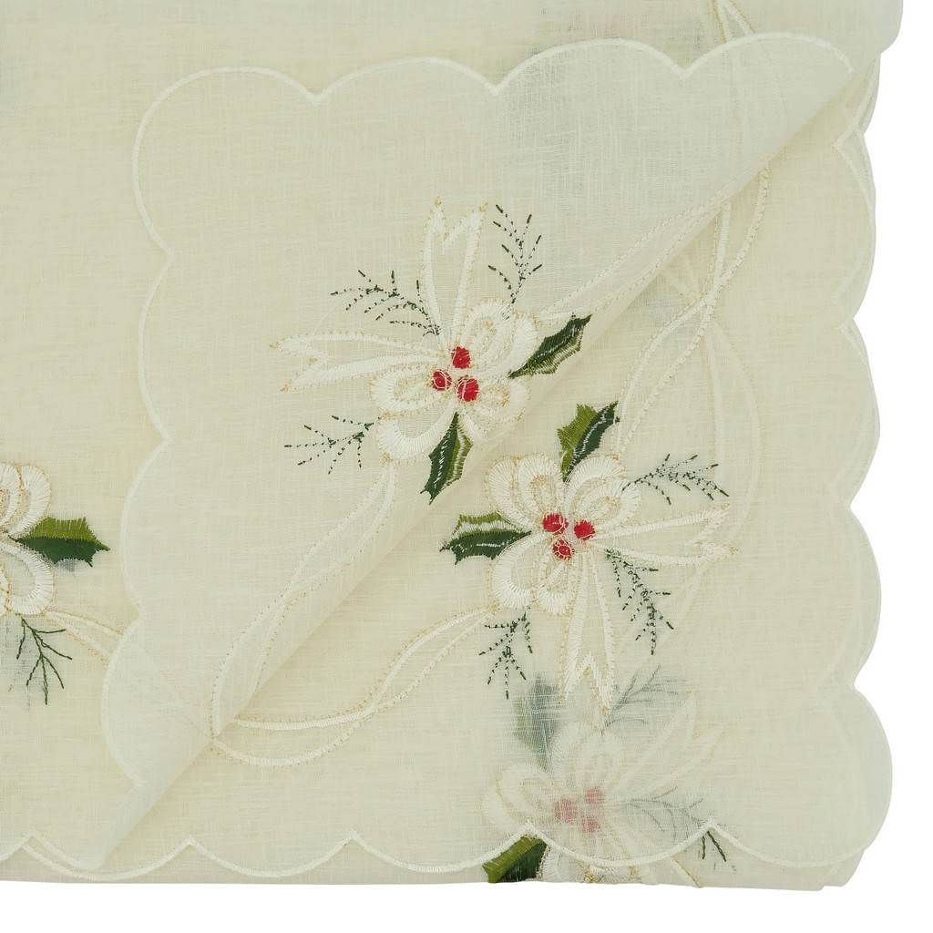 Fennco Styles Embroidered Holly & Ribbon Design Holiday Placemats 14" W x 20" L, Set of 4 - Natural Table Mats for Christmas, Winter Holidays, Home Décor, Banquet, Family Gathering, Special Occasion