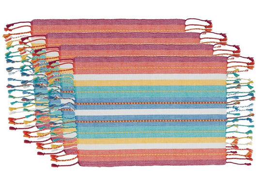 Fennco Styles Colorful Dobby Stripe Fringe Cotton Placemats 13" W x 19" L, Set of 4 - Multicolored Table Mats for Home Décor, Dining Table, Holiday, Banquets and Special Occasions