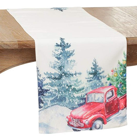 Fennco Styles Red Truck and Ornament Christmas Tree Table Runner 16" W x 70" L - Multicolored Festive Table Cover for Home Décor, Dining Table, Banquet, Family Gathering, Holiday and Special Occasion