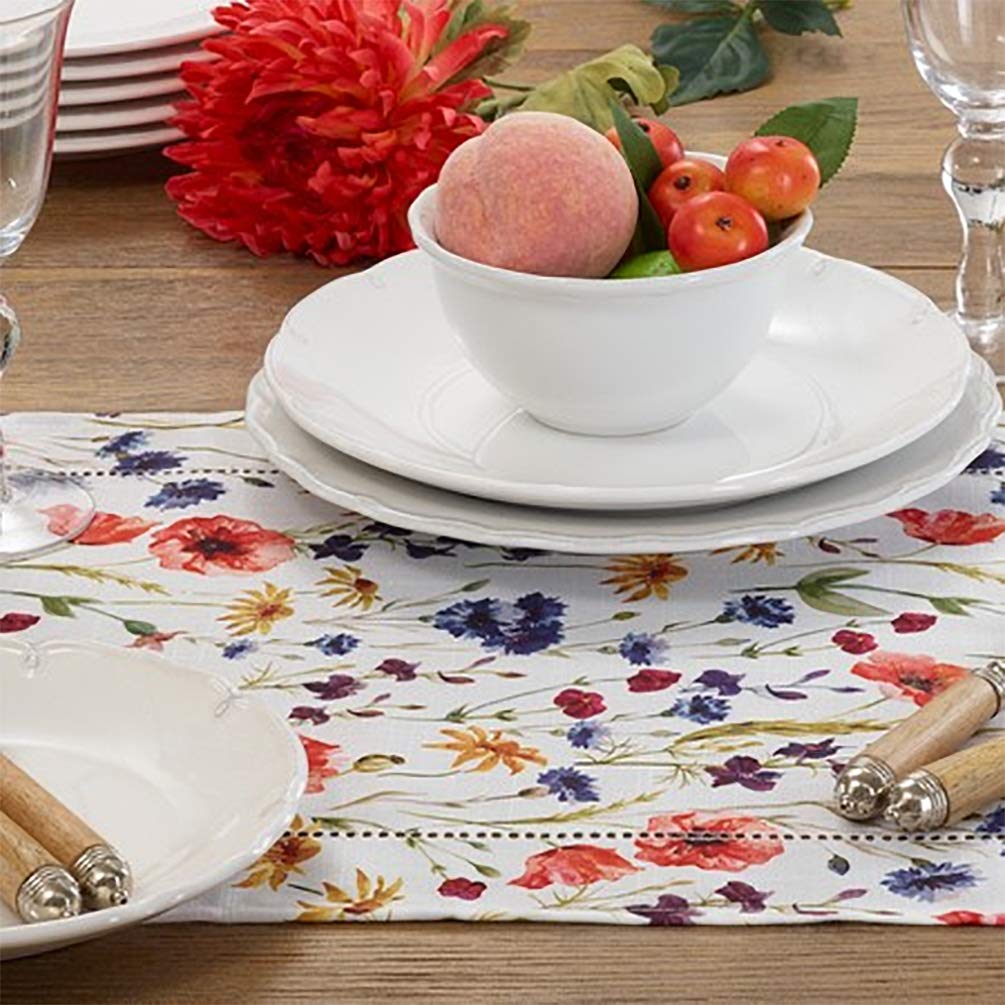 Fennco Styles Garden Floral Hemstitch Table Runner 16" W x 72" L - Multicolored Rectangular Table Cover for Dining Table, Banquet, Family Gathering and Special Occasion