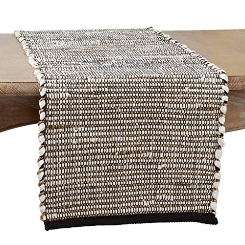 Fennco Styles Rustic Seagrass Cotton Woven Table Runner 16 x 72 Inch - Black & White Table Cover for Home, Dining Room, Banquets, Family Gathering and Special Occasion