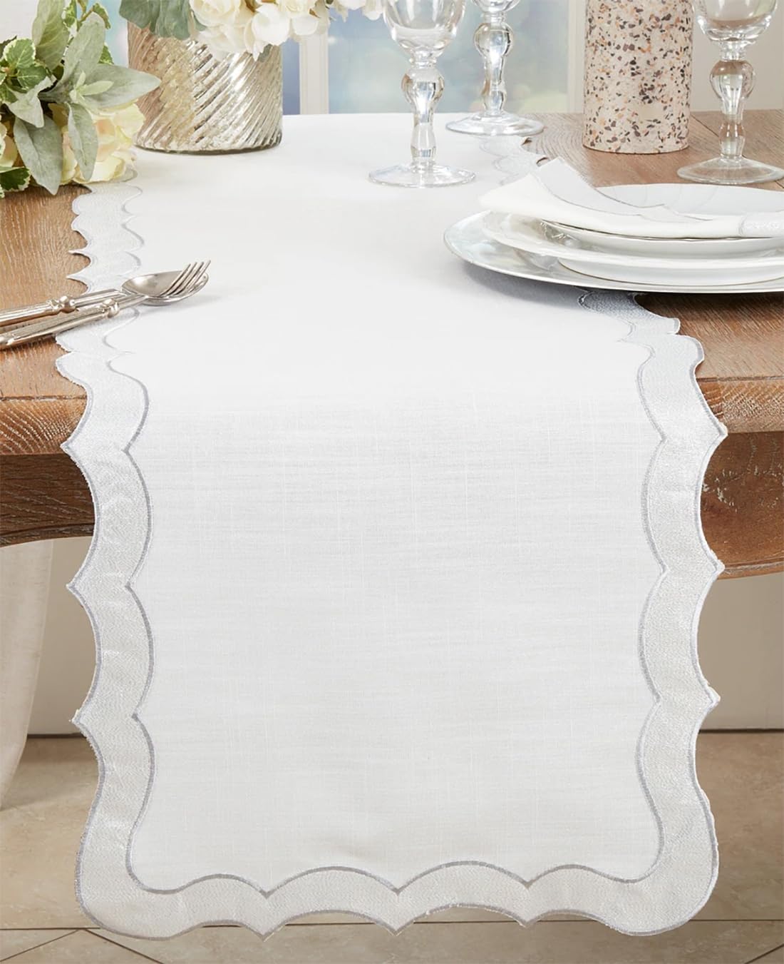 Fennco Styles Shimmering Scallop Border Table Runner 16" W x 72" L - Gold Elegant Table Cover for Home Décor, Everyday Use, Christmas, and Weddings