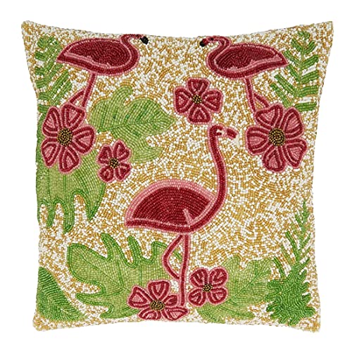 Fennco Styles Beaded Flamingo Cotton Decorative Throw Pillow 16" W x 16" L – Multicolor Throw Pillow for Home, Couch, Living Room, Bedroom and Office Décor