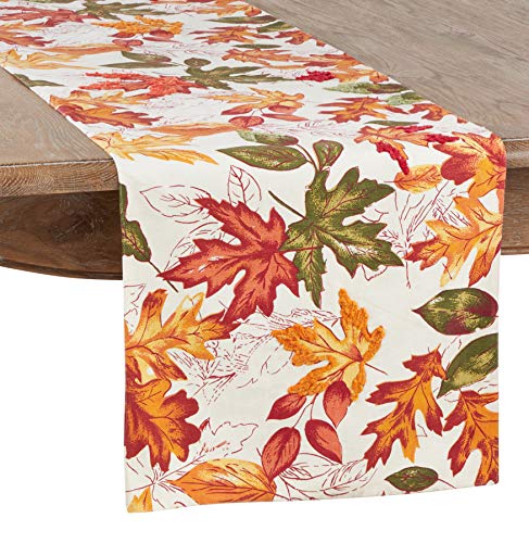 Fennco Styles Warm Embroidered Autumn Leaves Cotton Tablecloth - Multicolored Holiday Table Cover for Thanksgiving, Banquets, Family Gathering and Special Occasion