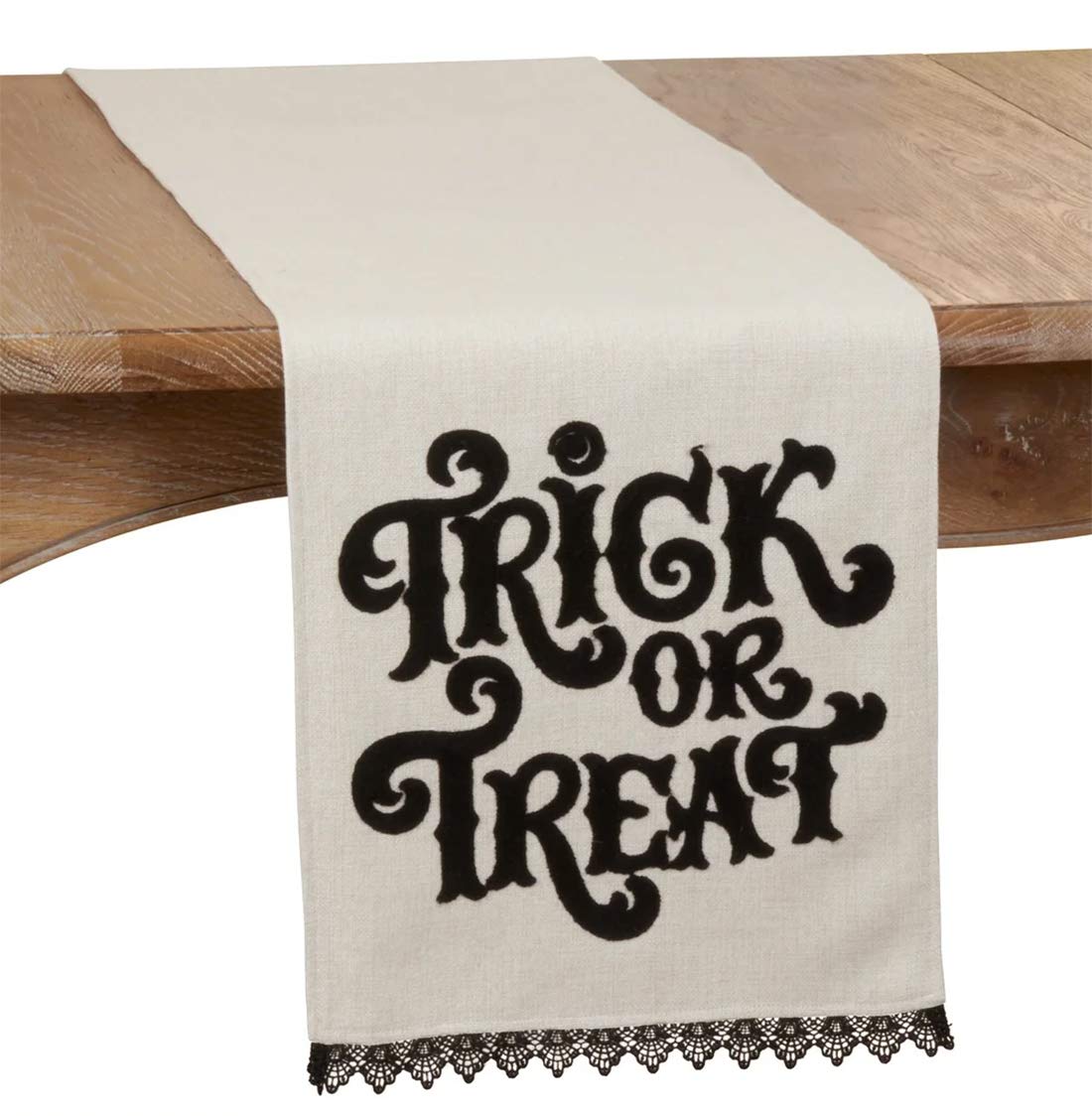 Fennco Styles TRICK OR TREAT Table Runner with Lace Edge Design 14" W x 72" L - Natural Table Cover for Home, Banquets, Halloween Event, Themed Party and Special Events