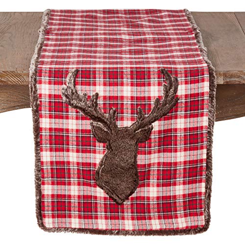 Fennco Styles Holiday Christmas Plaid Faux Fur Reindeer Down Filled Throw Pillow 18" Square