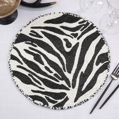 Fennco Style Safari Charm Beaded Zebra Placemat 14" Round, 1-Piece - Black & White Glam Animal Pattern Table Mat for Home Décor, Family Gatherings, Birthdays and Special Events