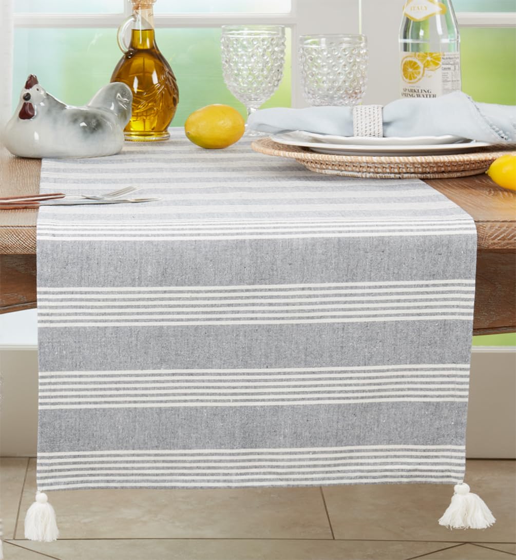 Fennco Styles Blue Striped Tassel Table Runner 16" W X 72" L - 100% Cotton Woven Table Cover for Home, Dining Table, Banquets, Thanksgiving, Christmas, Holidays and Special Occasions