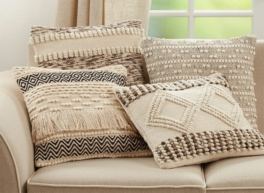 Fennco Styles Woven Textured Decorative Throw Pillow Cover 18" W x 18" L - Ivory Square Cushion Case for Home, Couch, Bedroom, Living Room and Office Décor