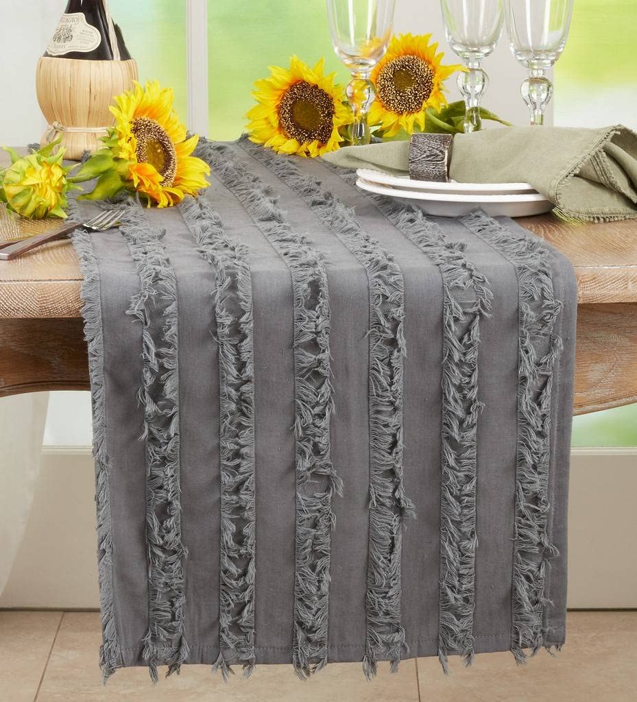 Fennco Styles Fringe Striped Modern Cotton Linen Table Runner 16”W x 72" L - Woven Table Cover for Home Décor, Dining Table, Banquets, Holidays and Special Occasions