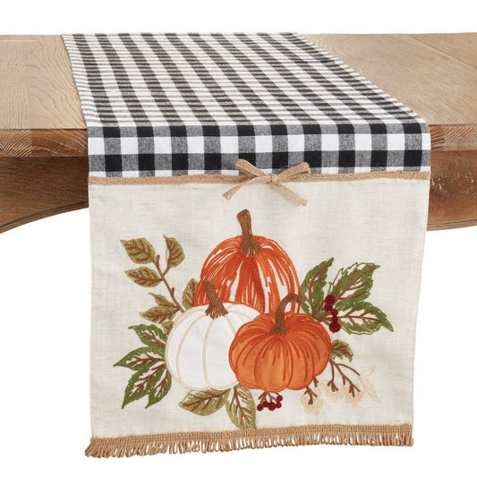 Fennco Styles Harvest Pumpkins Plaid Table Runner 16" W x 70" L - Black & White Woven Table Cover for Banquets, Fall Festivals, Thanksgiving, Holidays, Special Events, Kitchen and Home Décor