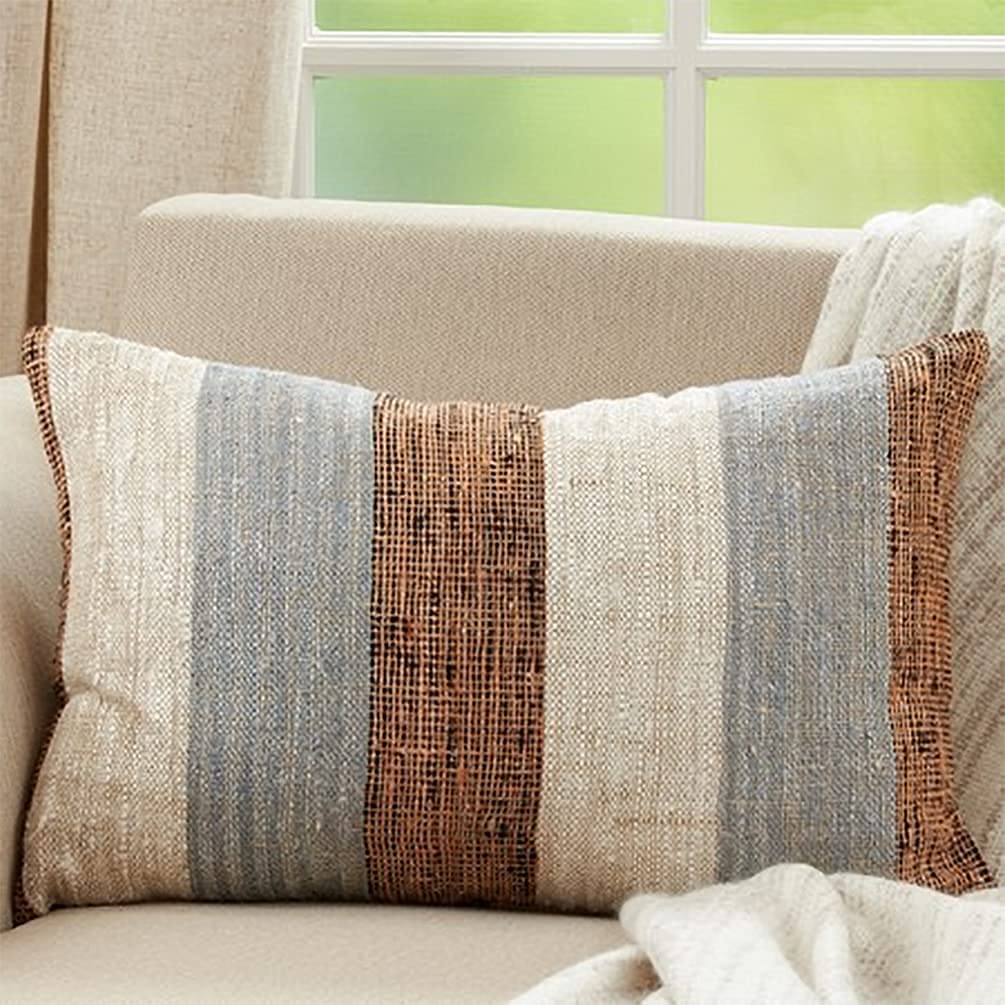 Fennco Styles Woven Color Block Stripe Decorative Cotton Lumbar Throw Pillow 16" W x 24" L – Blue Rectangular Cushion for Couch, Sofa, Bedroom, Office and Living Room Décor