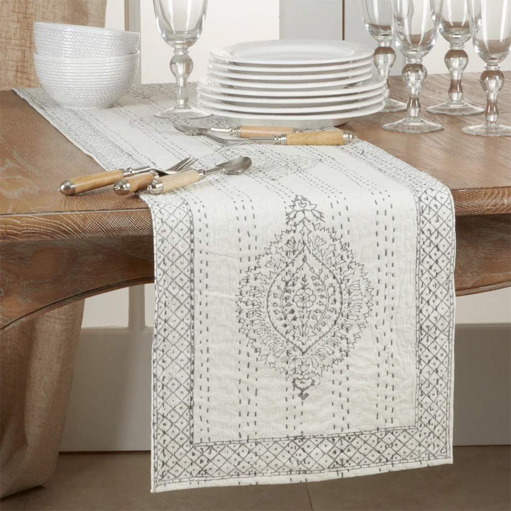 Fennco Styles Unique Taj Kantha Stitch Cotton Table Runner 14 x 72 Inch – Grey Ivory Table Cover for Home Décor, Dining Table, Banquets, Holidays and Special Events