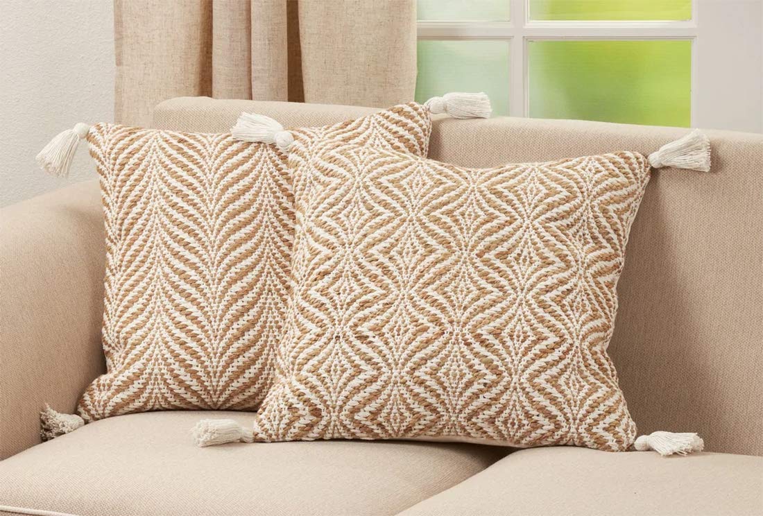 Fennco Styles Jute Cotton Woven Decorative Throw Pillow with Tassel 20" W x 20" L - Natural Cushion for Home Décor, Couch, Living Room, Bedroom and Special Occasion