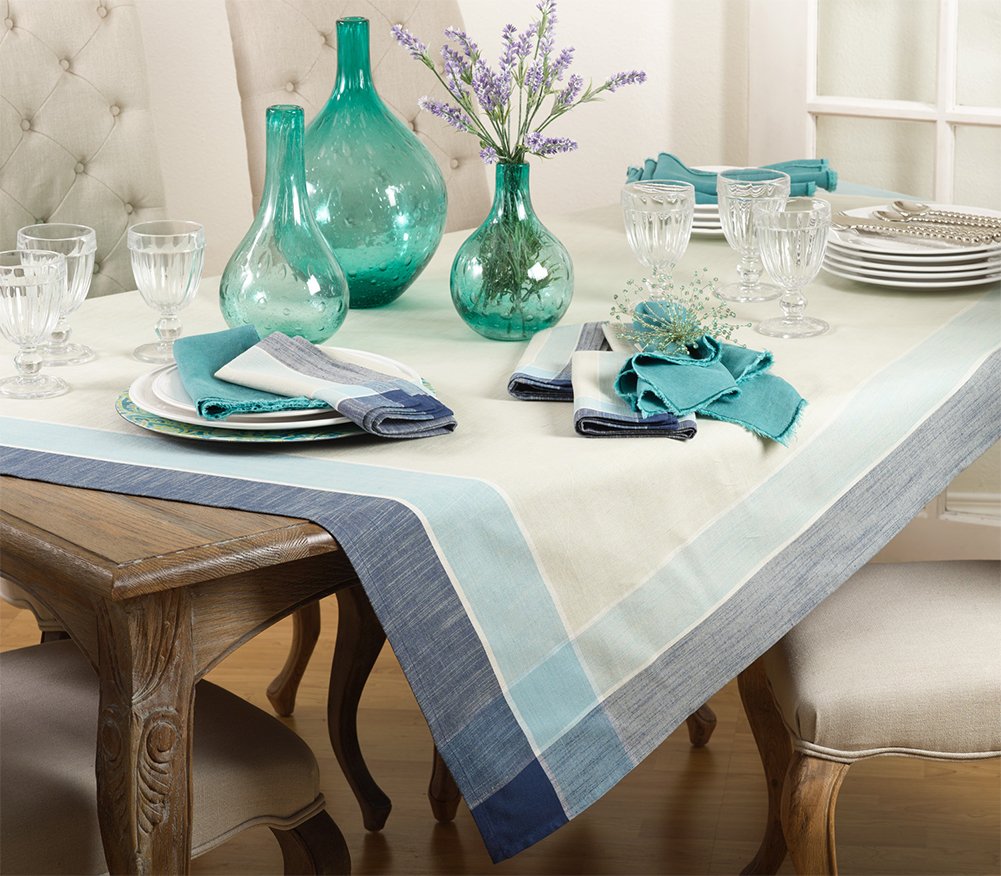 Fennco Styles Stripe Border Design Cotton Tablecloth 72" W x 72" L - Azure Blue Table Cover for Dining Table Décor, Banquets, Holiday, Family Gathering, Special Occasions