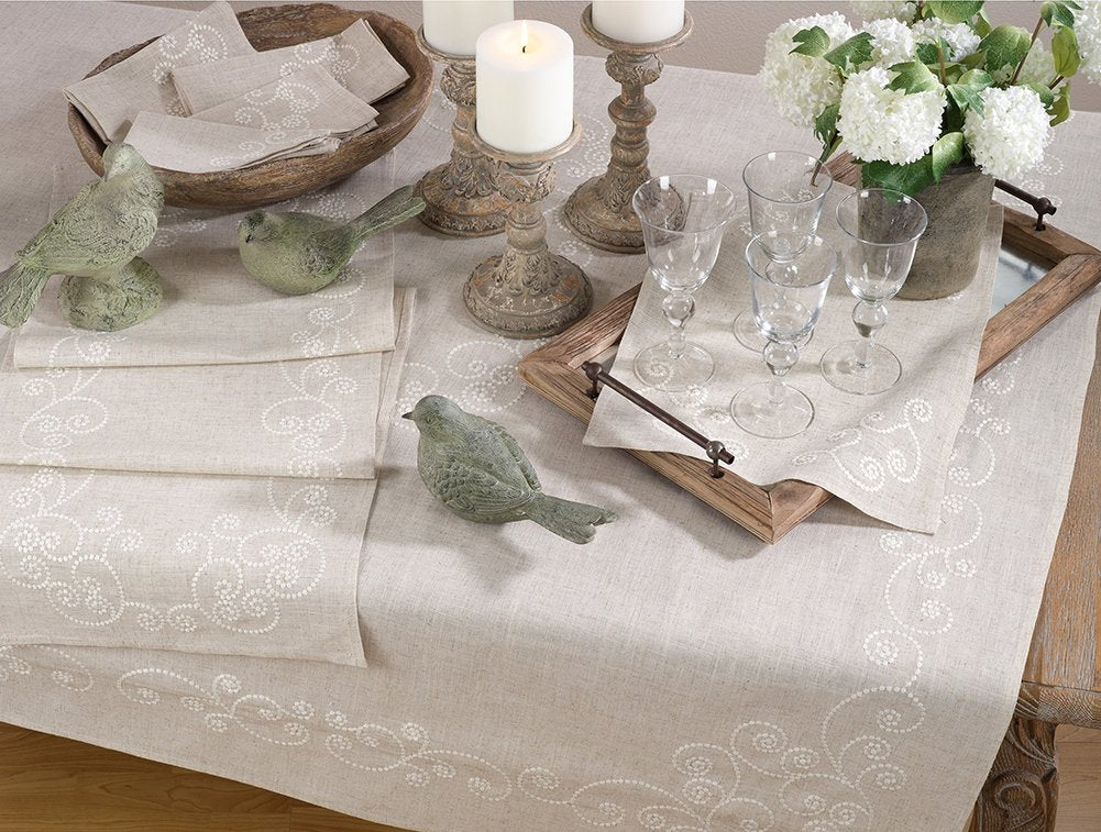 Fennco Styles Embroidered Swirl Design Linen Blend Tablecloth - Natural Table Cover for Home Décor, Banquets, Family Gathering and Special Events