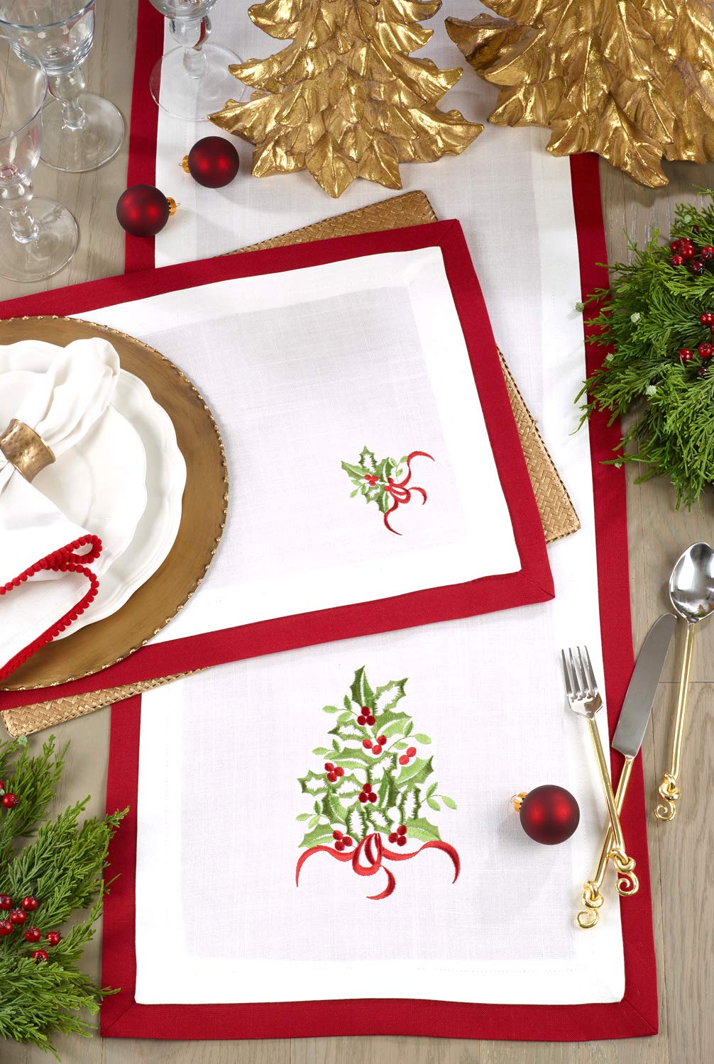 Fennco Styles Feuille de Houx Collection Country Double Layer Embroidered Holly 16 x 72 Inch Table Runner – Red Table Runner for Banquets, Christmas, Special Events and Home Décor