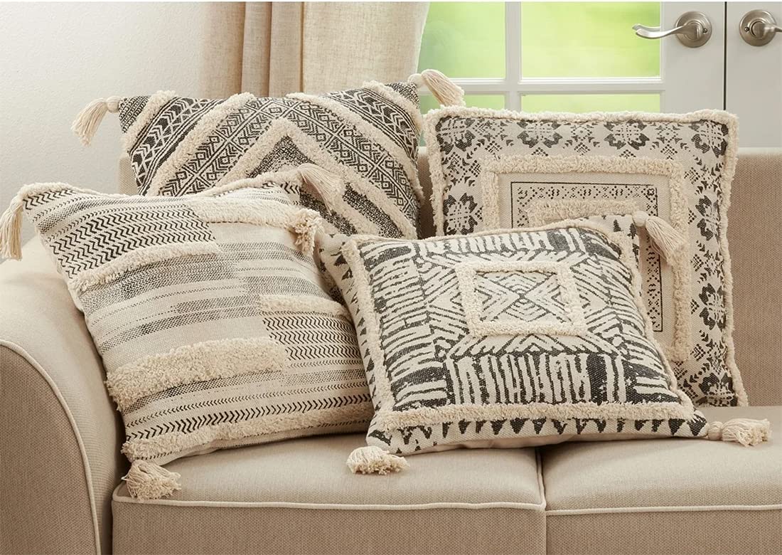 Fennco Styles Handmade Tufted Block Print Tassel Cotton Decorative Throw Pillow 20" W x 20" L - Natural Woven Square Cushion for Home, Couch, Living Room, Bedroom, Office and Holiday Décor