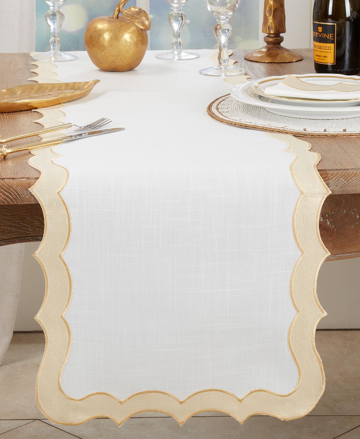 Fennco Styles Shimmering Scallop Border Table Runner 16" W x 72" L - Gold Elegant Table Cover for Home Décor, Everyday Use, Christmas, and Weddings