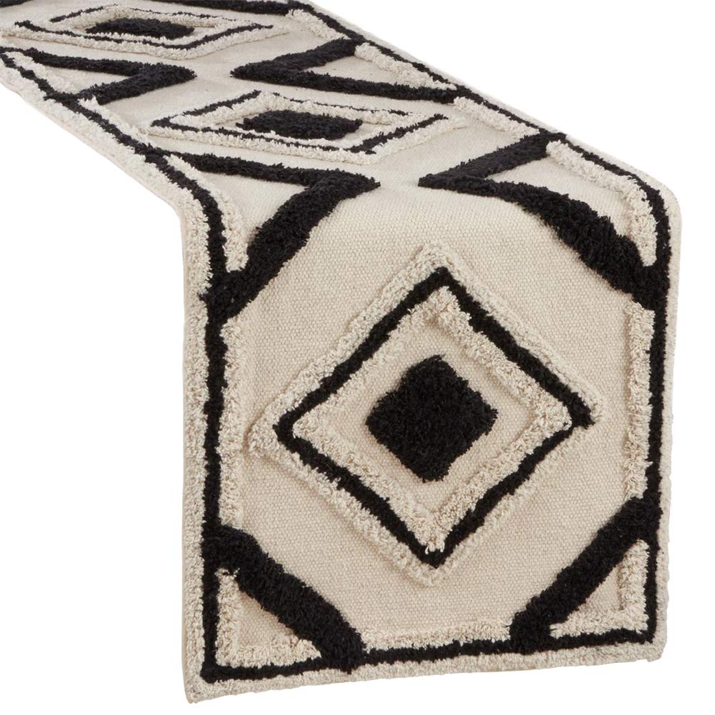 Fennco Styles Textured Geometric Design Cotton Rug Shag Table Runner 16 x 72 Inch Rectangular – Natural Black Table Cover for Home Décor, Dining Table, Banquets, Easter, Holidays and Special Occasions