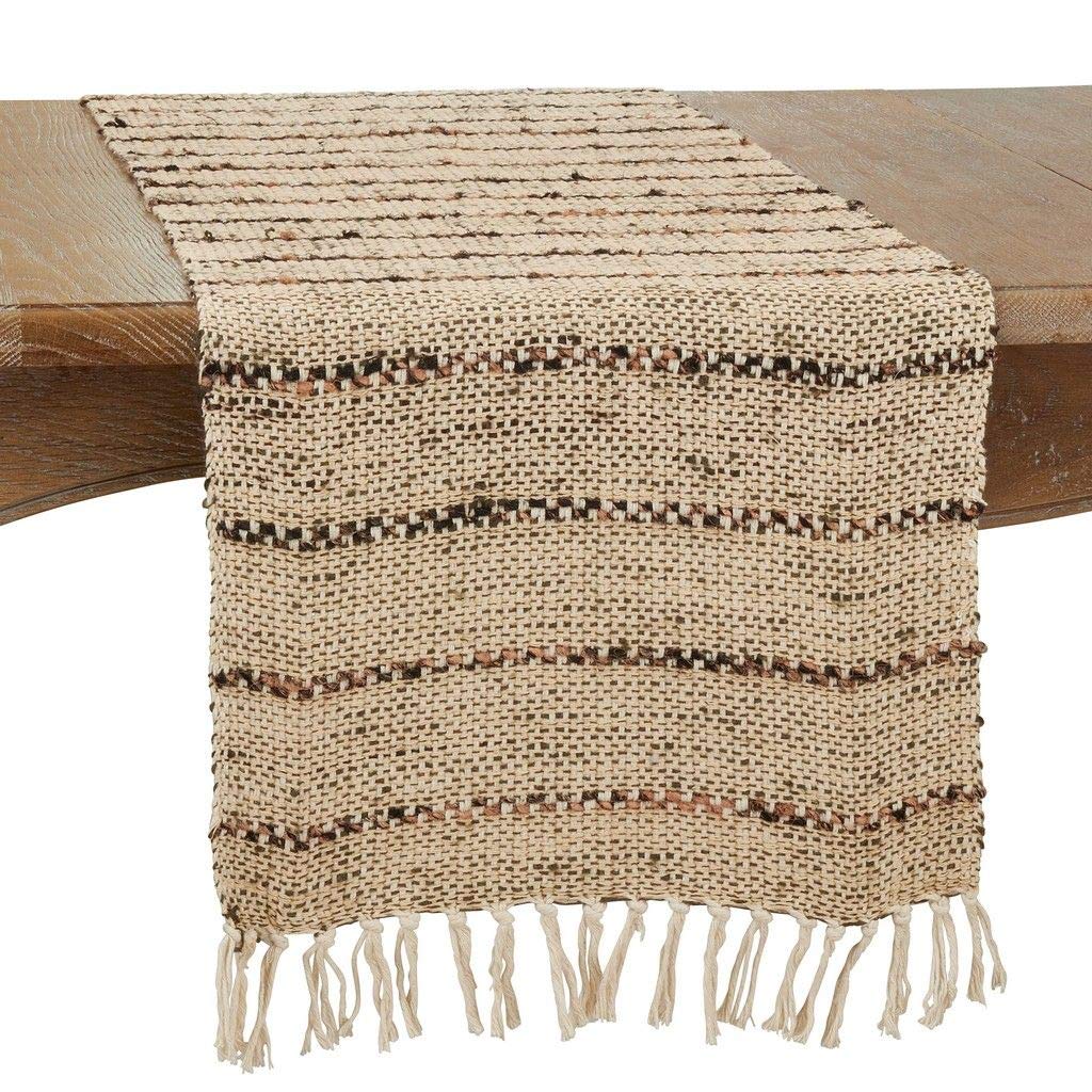 Fennco Styles Woven Striped with Fringe Cotton Table Runner 16" W x 72" L – Natural Rustic Table Cover for Home Décor, Dining Table, Banquets, Everyday Use and Special Events