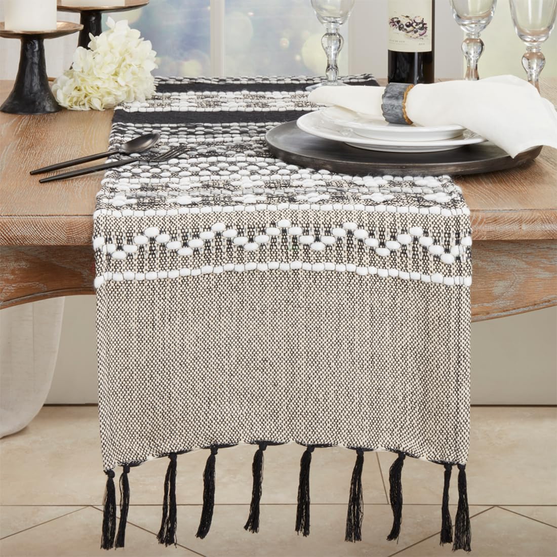 Fennco Styles Multi-Pattern Woven Cotton Table Runner 16" W x 72" L - Black Table Cover with Tassel for Home Décor, Dining Table, Banquets, Family Gathering and Special Events