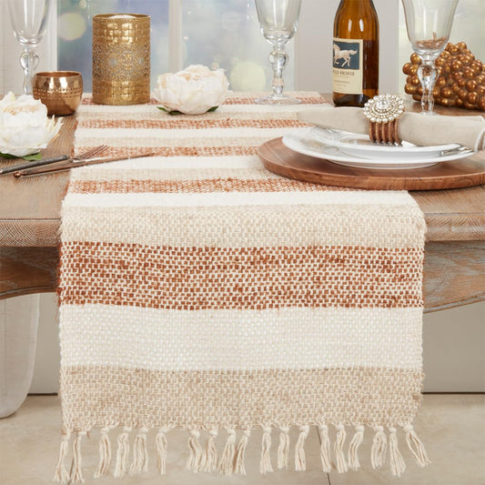 Fennco Styles Natural Striped with Tassel Table Runner 16" W x 72" L - 100% Cotton Woven Table Cover for Home Décor, Dining Table, Banquets, Family Gathering and Special Events