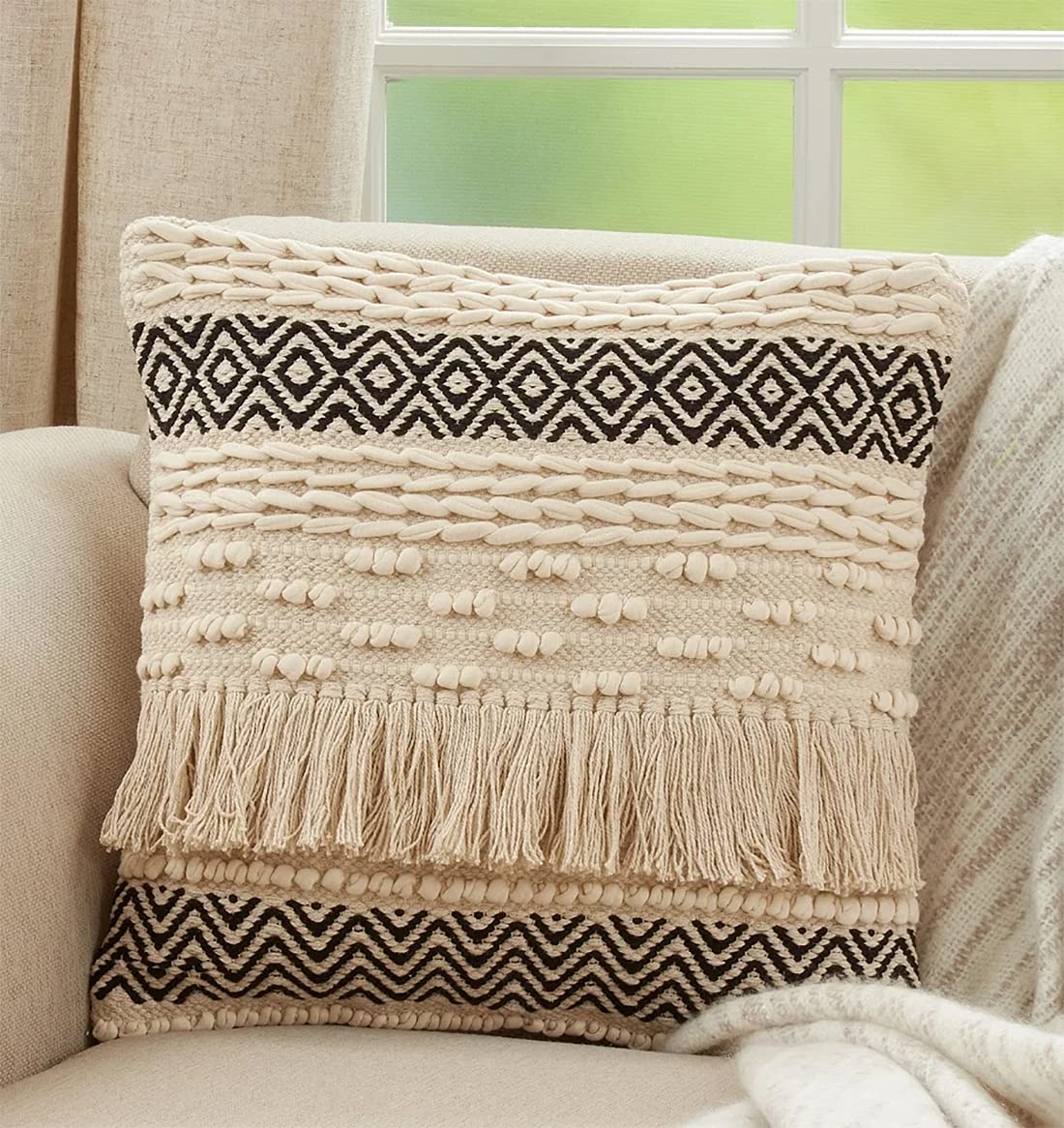 Fennco Styles Moroccan Fringe Cotton Decorative Throw Pillow 18" W x 18" L - Natural Square Cushion for Home, Couch, Living Room, Bedroom, Office and Holiday Décor