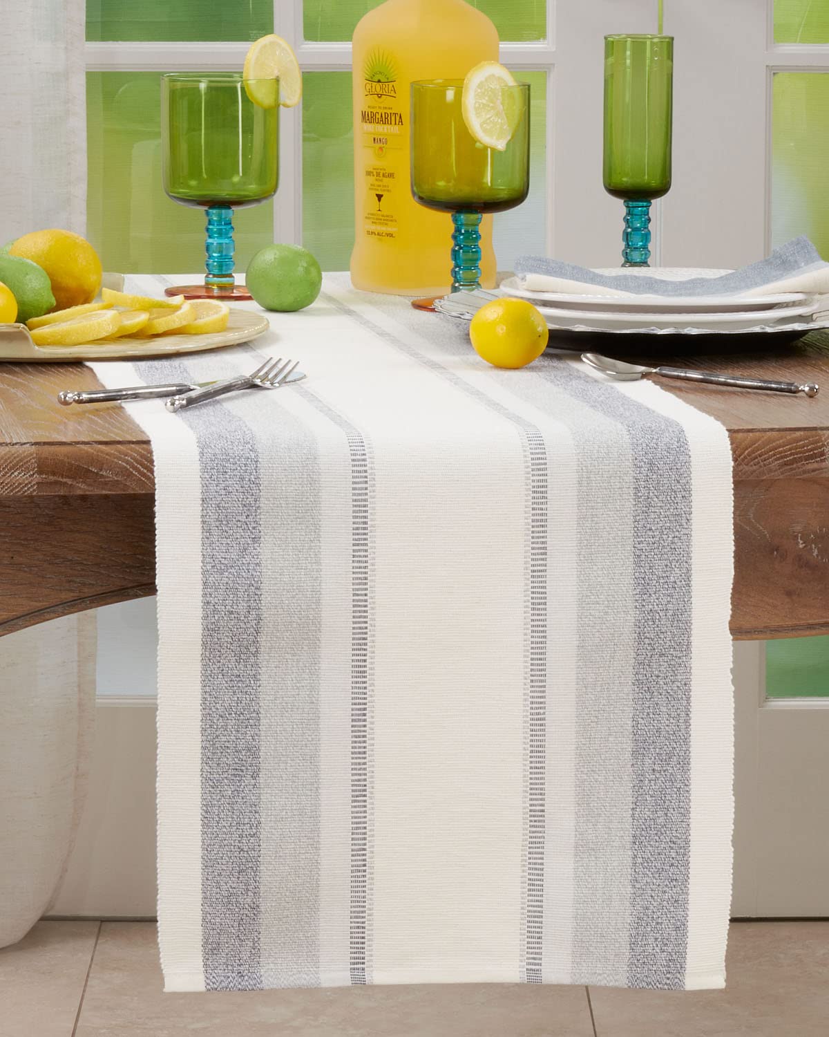 Fennco Styles Ribbed Design Classic Striped Cotton Table Runner 14" W x 72" L - Blue Woven Table Cover for Home, Dining Table, Banquets, Holidays and Special Occasions