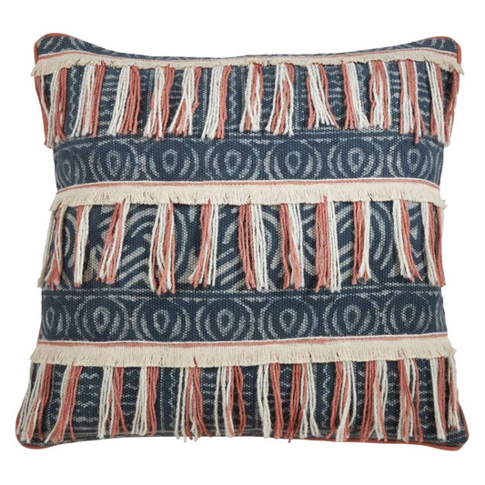 Fennco Styles Bohemian Block Print Embroidered Fringe Design Decorative Throw Pillow Cover 22 x 22 Inch - Blue Cotton Pillow Case for Home, Couch, Bedroom Décor and Special Occasion